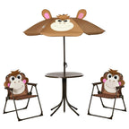 Kids outdoor folding table-and-chair set with monkey-shaped brown sun umbrella