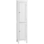 White tall slim bathroom storage cabinet with two paneled doors and silver knobs