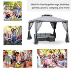 Grey gazebo with double roof and mesh curtains over outdoor seating