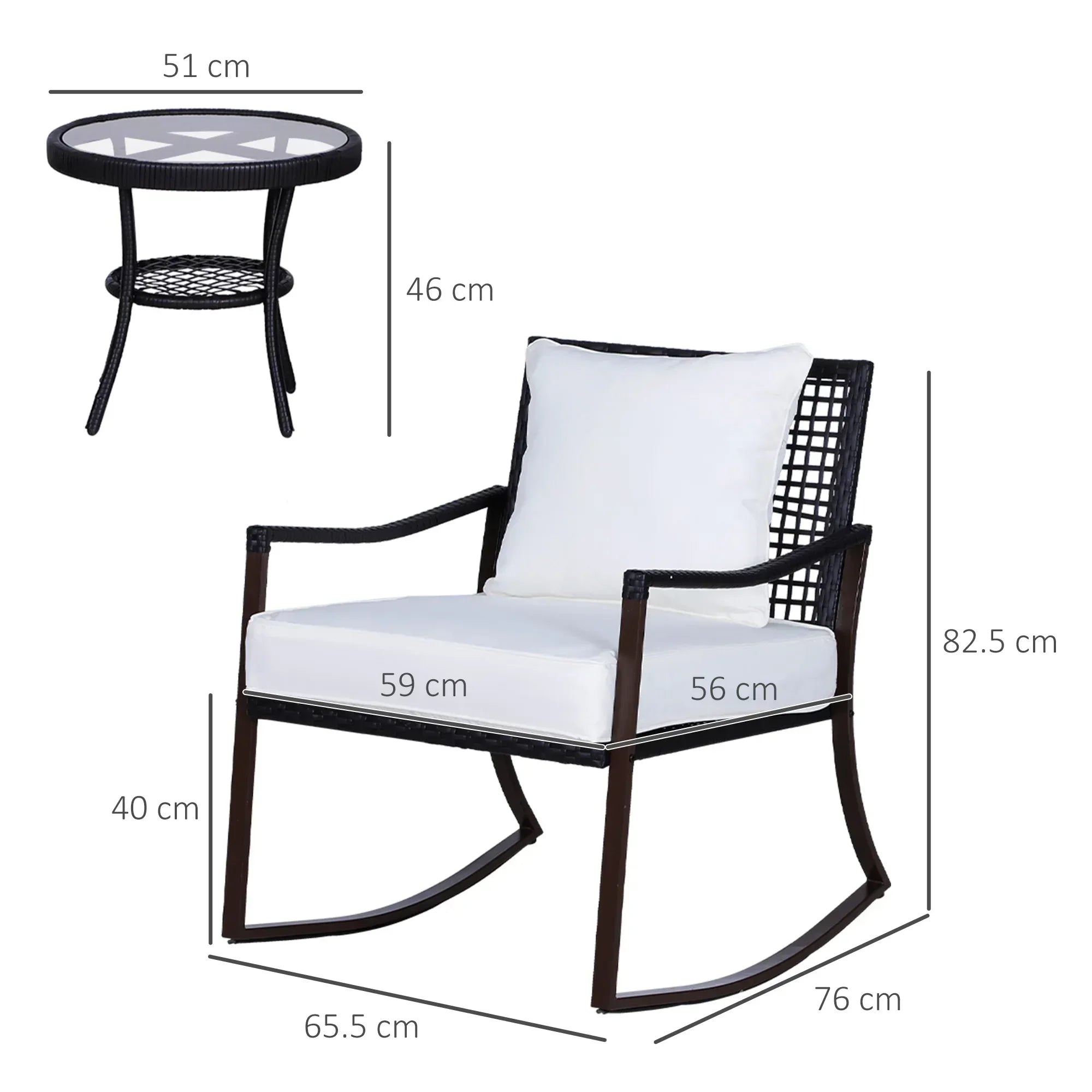 Rattan Bistro Set, 3 Pieces Wicker Garden Furniture Set with Rocking Chairs and Round Glass Top Coffee Table, Small Balcony Furniture with Cushions for Outdoor, Porch, Brown - Bobobiy