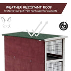 Two-tier wooden guinea pig hutch with green weather-resistant roof and right wire mesh door