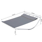 Grey double rocking sun lounger daybed with curved metal frame and headrest pillow