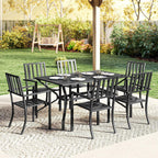 Black outdoor dining set with rectangular table and six slatted-back chairs