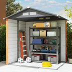 Metal garden shed interior with shelves and storage compartments, door open