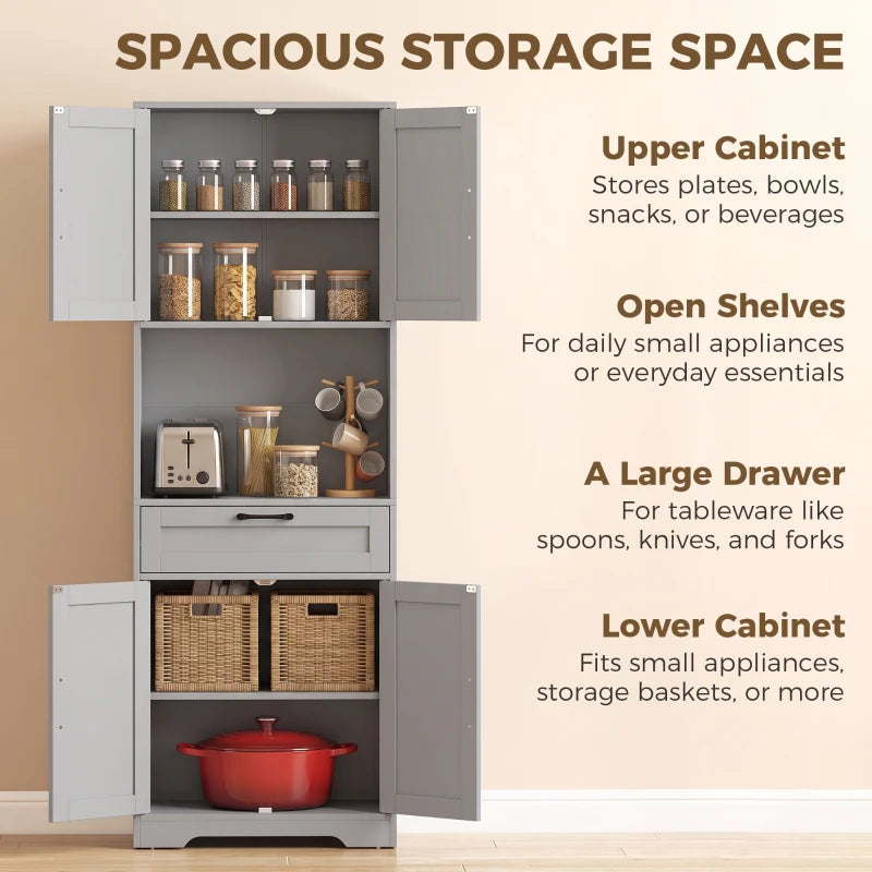 Grey pantry cabinet with open shelves and drawer, featuring multiple storage compartments