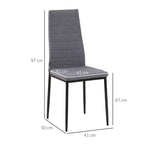 Single grey high-back dining chair with labeled dimensions and black metal legs