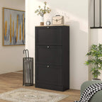 Black compact shoe storage cabinet with three drawers and round metal pull knobs
