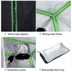 Grow tent features: heavy-duty zippers, steel frame, ventilation socks, removable floor tray