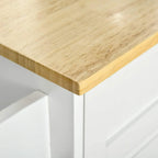 Light wood tabletop edge with white cabinet side panel on a kitchen island cart