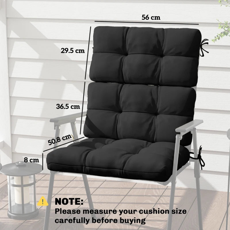 Black padded patio chair seat cushion with attached backrest and tie straps