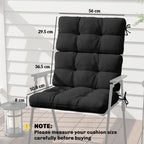 Black padded patio chair seat cushion with attached backrest and tie straps