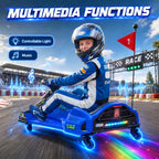 Blue electric ride-on kart with helmeted child and glowing LED lights