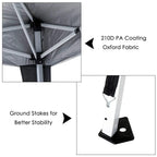 Pop-up gazebo ground stakes and stabilizing connectors at the leg base