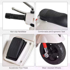 White ride-on scooter details: non-slip handle grips, ergonomic seat, pedal, wheels