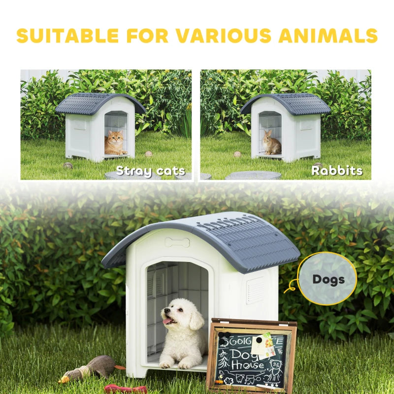Outdoor dog kennel for small pets, white plastic body with dark grey slanted roof