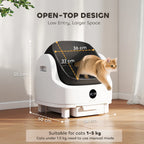 White open-top automatic cat litter box with low entry and large interior space.