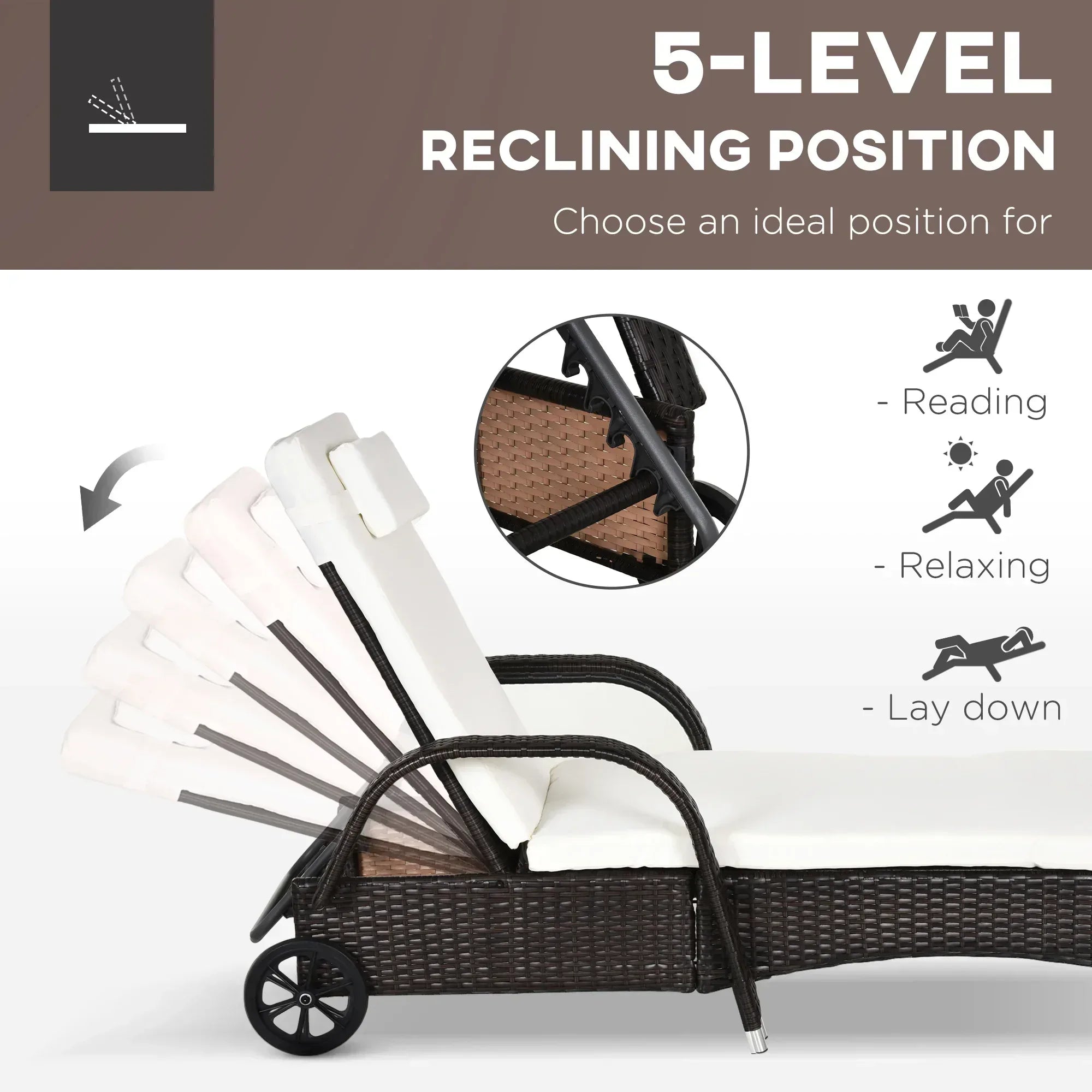 Rattan Sun Loungers for Garden Set of 2 with Side Table, Garden Recliner Sunbeds with Adjustable Back, Wheels, Cushions and Headrest, 3 Pieces Garden Furniture Set for Outdoor, Patio, Brown - Bobobiy