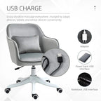 Grey velvet office chair with side USB charging interface and rolling caster base