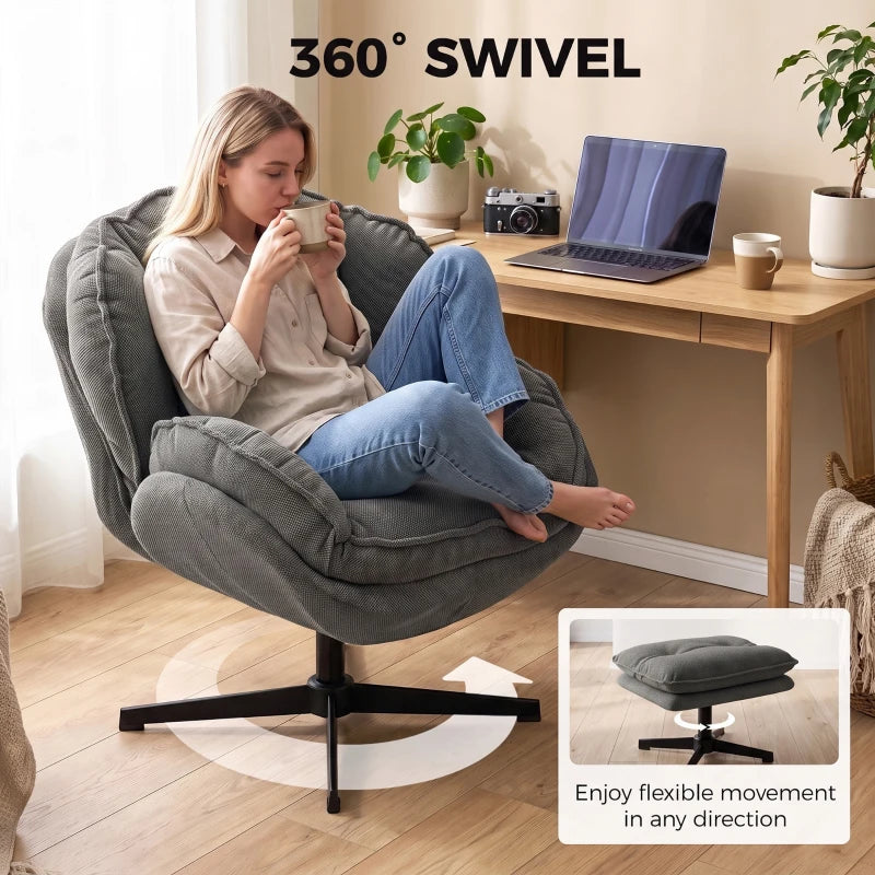 Grey chenille accent chair with adjustable footstool and 360-degree swivel base