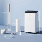 White portable air conditioner on wheels with side handle and front vent