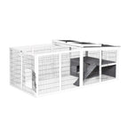 White wire small animal hutch with enclosed run, dark roof panels, and side openings