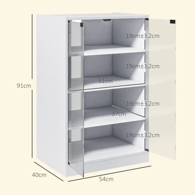 White wood-effect 4-tier hi-fi stand with open shelves and clear glass doors