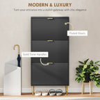 Black shoe cabinet with fluted doors and gold-tone handles, standing on tapered legs.