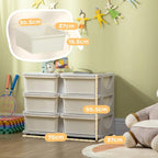 Cream kids storage unit with six drawers, with size indicators shown on front.