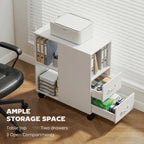 White mobile printer table beside a sofa with tabletop, open shelves, and two drawers