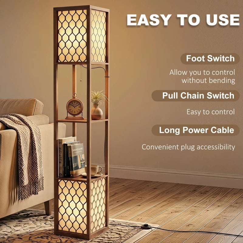 Standing lamp with shelving and pull-chain switch, rustic brown lattice panels