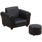 Black kids armchair with cushioned armrests and matching round footstool