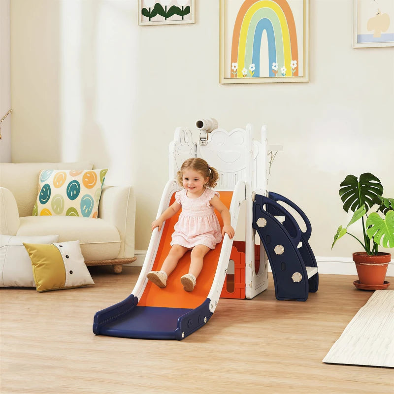 Kids orange slide playset with navy climber, child sliding indoors