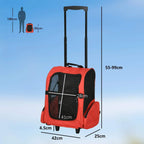 Red pet rolling backpack carrier with telescopic handle, front mesh window, and wheels
