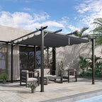 Dark grey aluminum gazebo with retractable roof over outdoor seating on patio