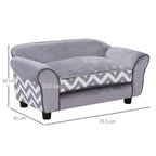 Grey pet sofa bed with chevron-pattern cushion and rounded armrests; size diagram