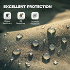 Green waterproof fabric close-up with water droplets on the quilted surface