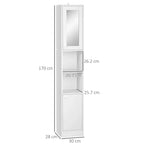 White narrow bathroom cabinet with front mirror and two-door base, 170 cm tall