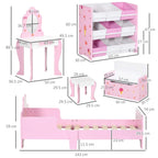 Pink kids bedroom furniture set dimensions: bed, storage unit, vanity, and stool