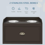Brown raised dog feeder with two stainless steel bowls and front storage drawer