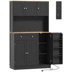 Black kitchen cupboard with open lower storage, two doors, and built-in charging panel niche