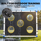 Outdoor football training goal with black target netting and yellow-outlined target circles