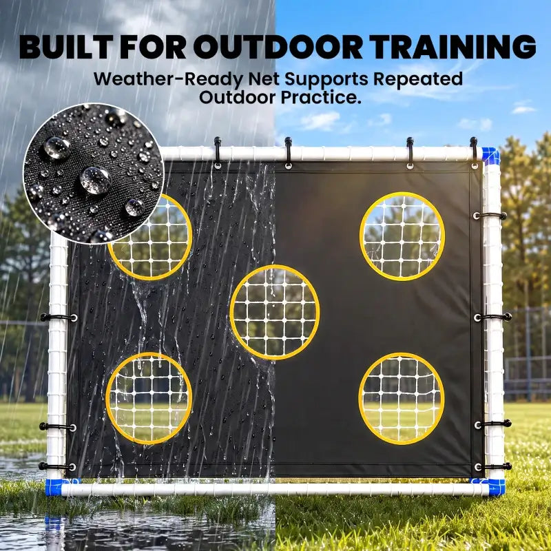 Outdoor football training goal with black target netting and yellow-outlined target circles