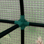Green mesh greenhouse corner frame with black steel crossbar connector