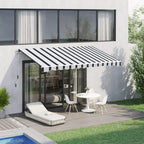 Blue-and-white striped retractable awning extended over patio doors and windows