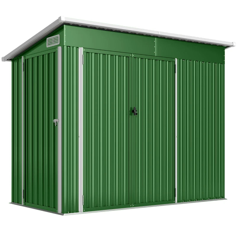 Green metal garden storage shed with double doors and vertical rib panels