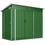 Green metal garden storage shed with double doors and vertical rib panels