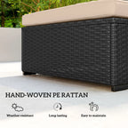 Black hand-woven rattan storage-style side panel of sun lounger with beige cushion