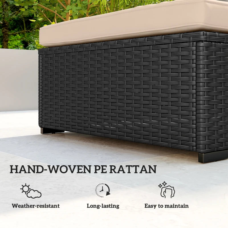 Black hand-woven rattan storage-style side panel of sun lounger with beige cushion