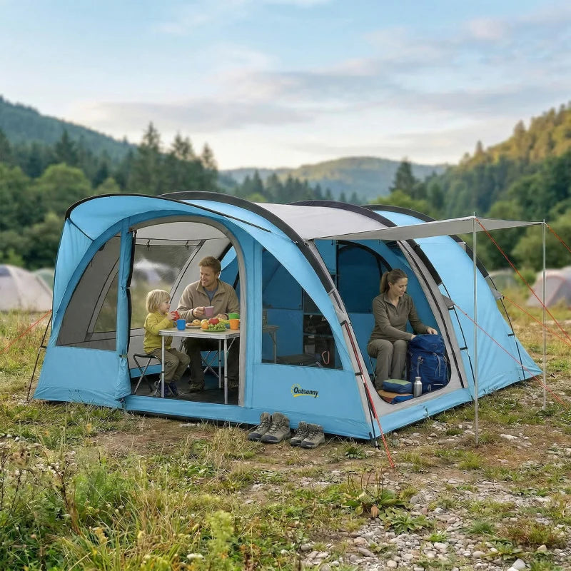 Sky blue and grey family camping tent with mesh windows and open front doorway