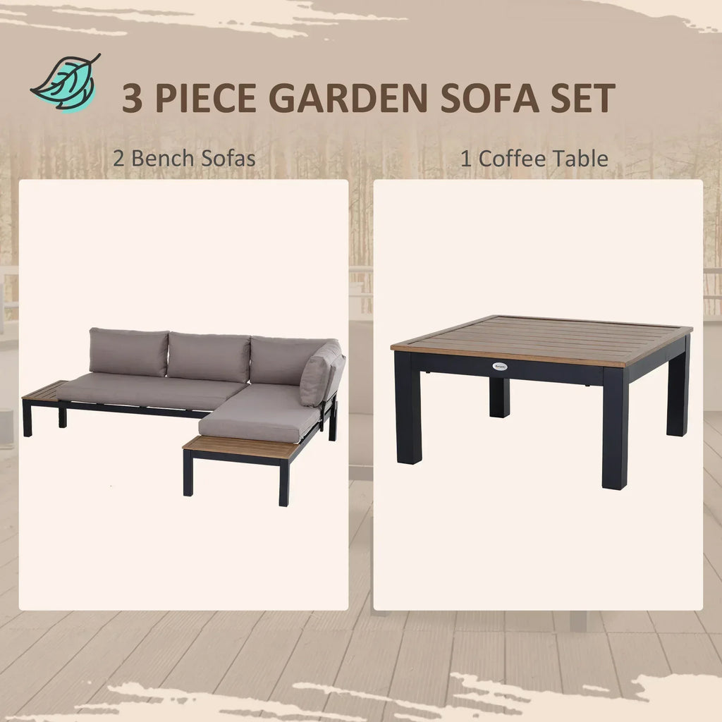 3 Pieces Garden Furniture Set, Aluminium 4 Seater Corner Sofa Set with 2 Loveseats, Coffee Table and Side Trays, Outdoor Conversation Furniture with Cushions for Garden, Black - Bobobiy
